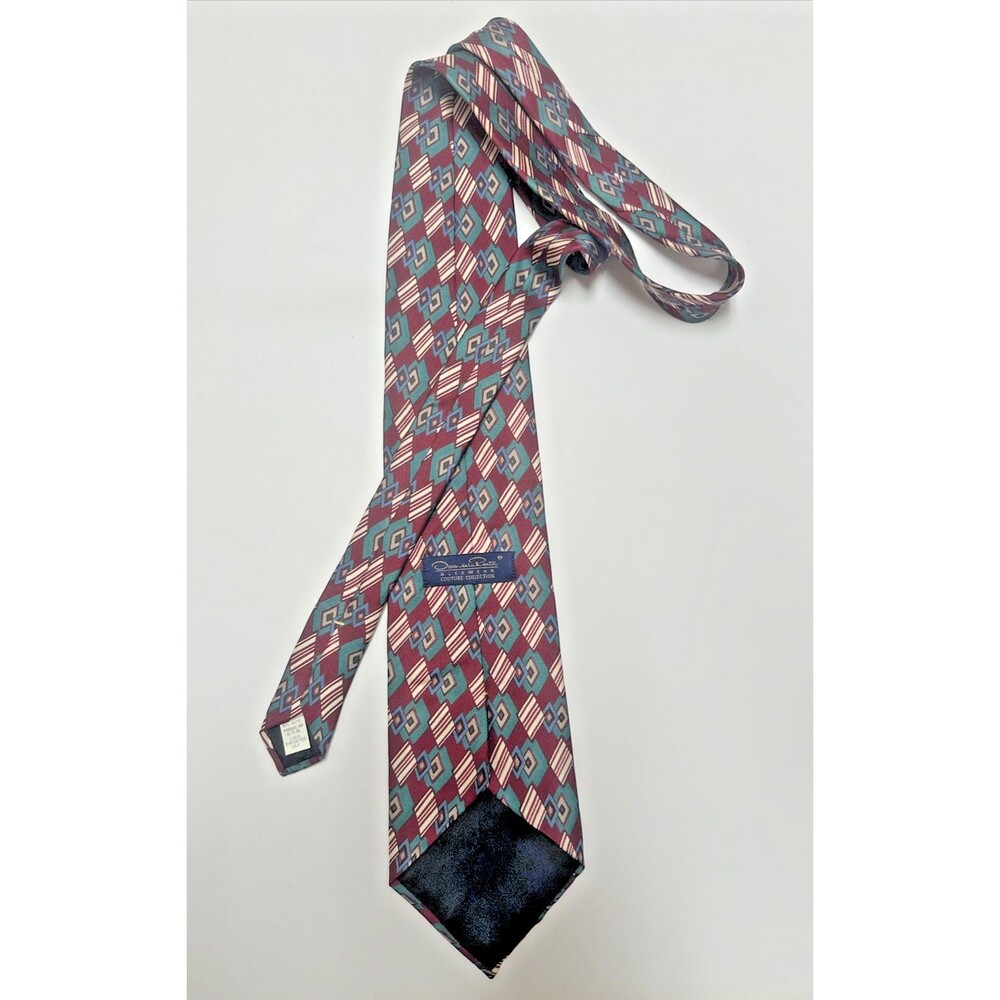 Oscar De La Renta Couture Collection Silk Tie Burgandy Geometric Designer 60"